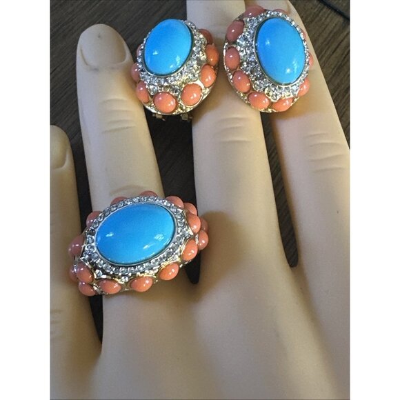 Kenneth Jay Lane Turquoise and Coral Cabochon Rhinestone Ring And Earrings Set - Picture 1 of 8